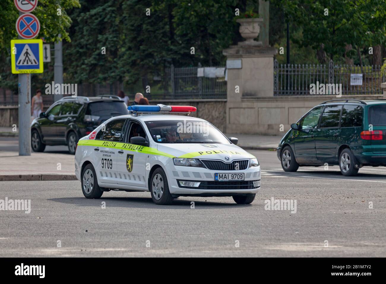 Chisinau, Moldova June 26 2018 Police car of the Poliția patrulare parked near the Triomphal