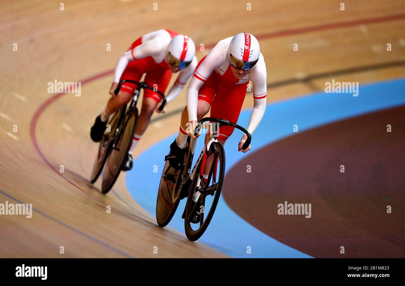 Poland's Marlena Karwacka (right) and Urszula Los in action in the Women's Team Sprint Qualifying during day one of the 2020 UCI Track Cycling World Championships at Velodrom, Berlin. Stock Photo