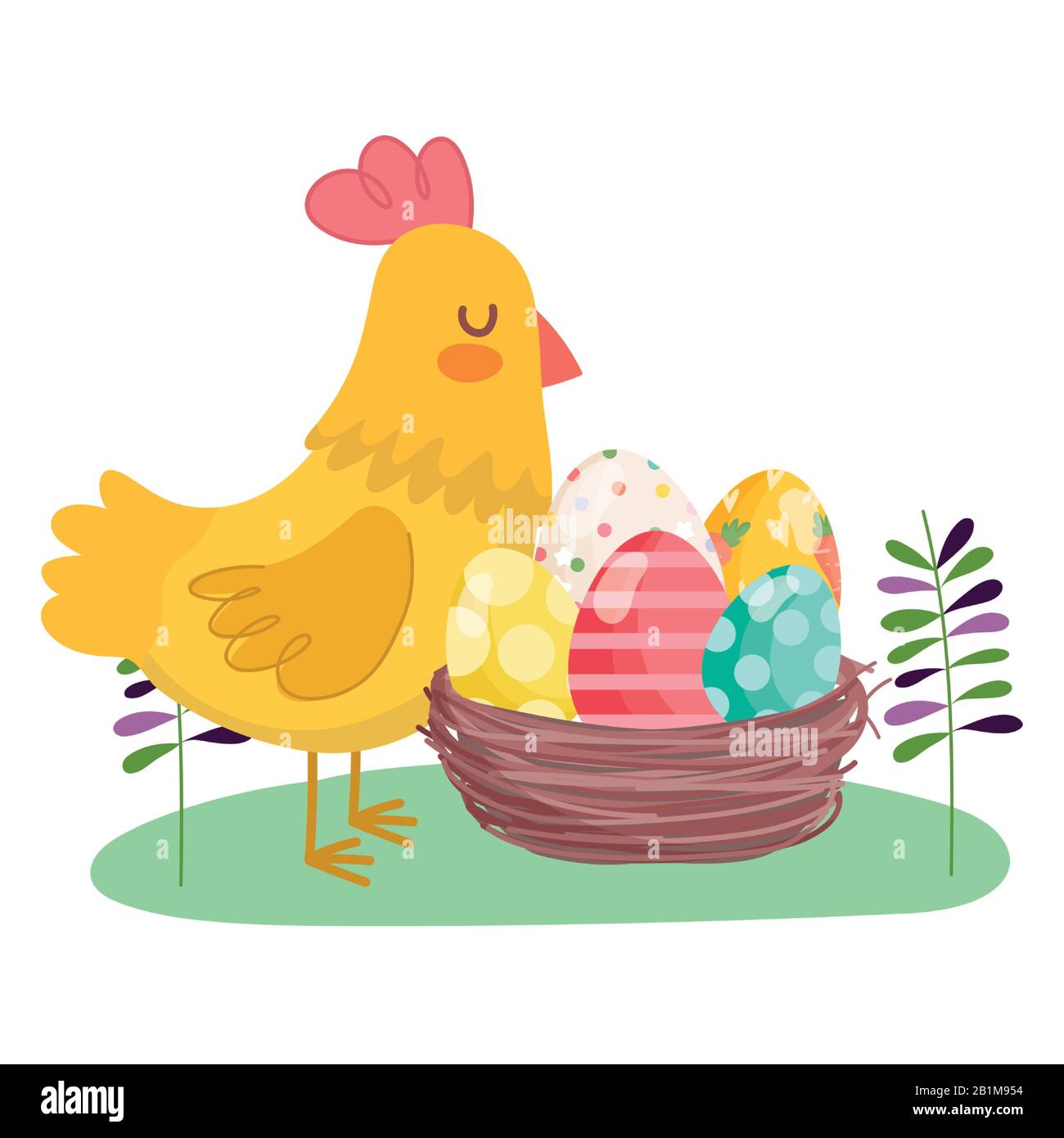 happy easter hen with basket filled eggs decoration vector illustration Stock Vector