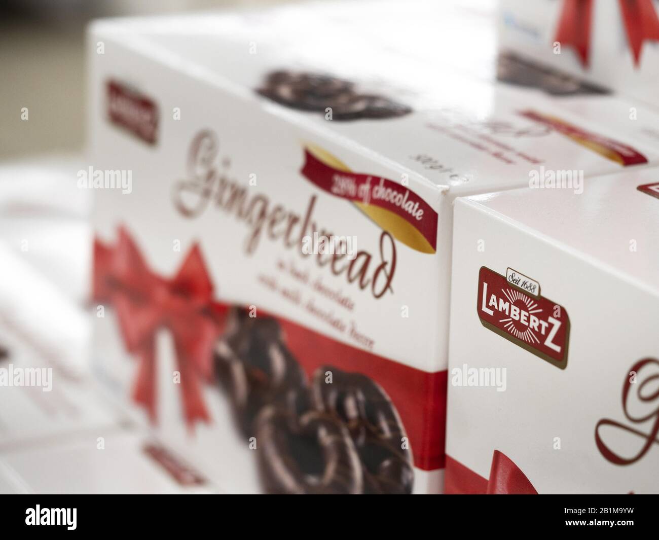 February 25, 2020, Kiev, Ukraine: Chocolate Gingerbread Boxes Lambertz on a shelf in a store. (Credit Image: © Igor Golovniov/SOPA Images via ZUMA Wire) Stock Photo