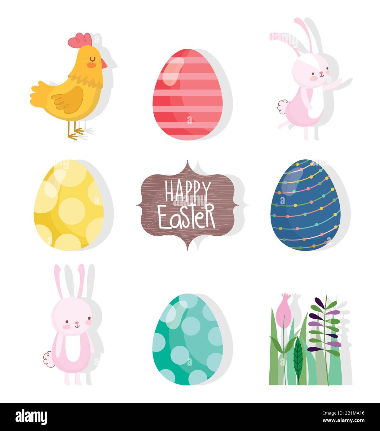 happy easter cute rabbits hen eggs flower leaves icons vector ...