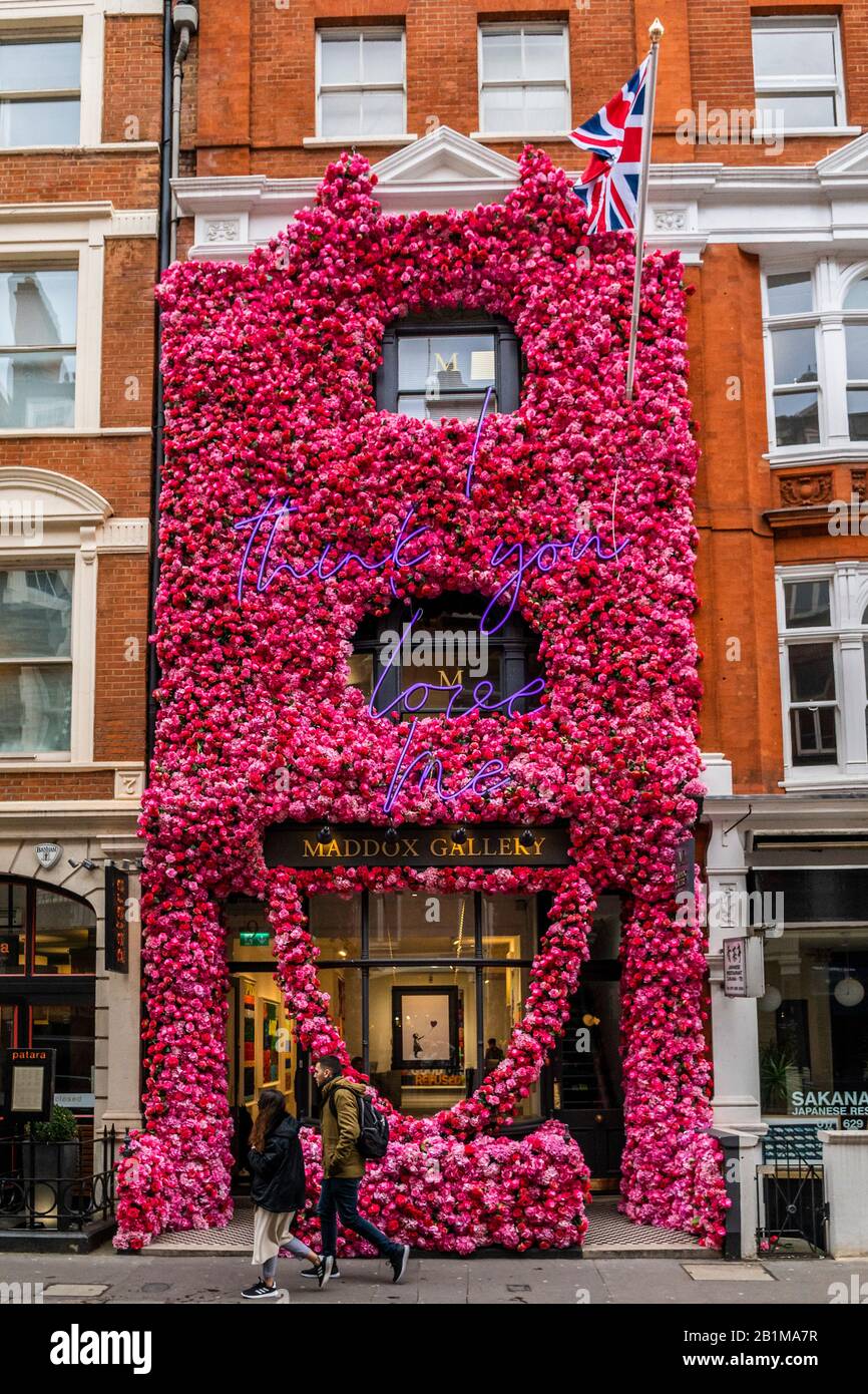 I think you love me - a floral display by Walkabout outside teh Maddox Gallery in Maddox Street, London. Stock Photo