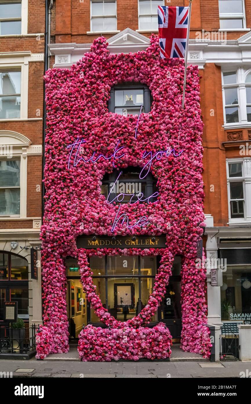 I think you love me - a floral display by Walkabout outside teh Maddox Gallery in Maddox Street, London. Stock Photo