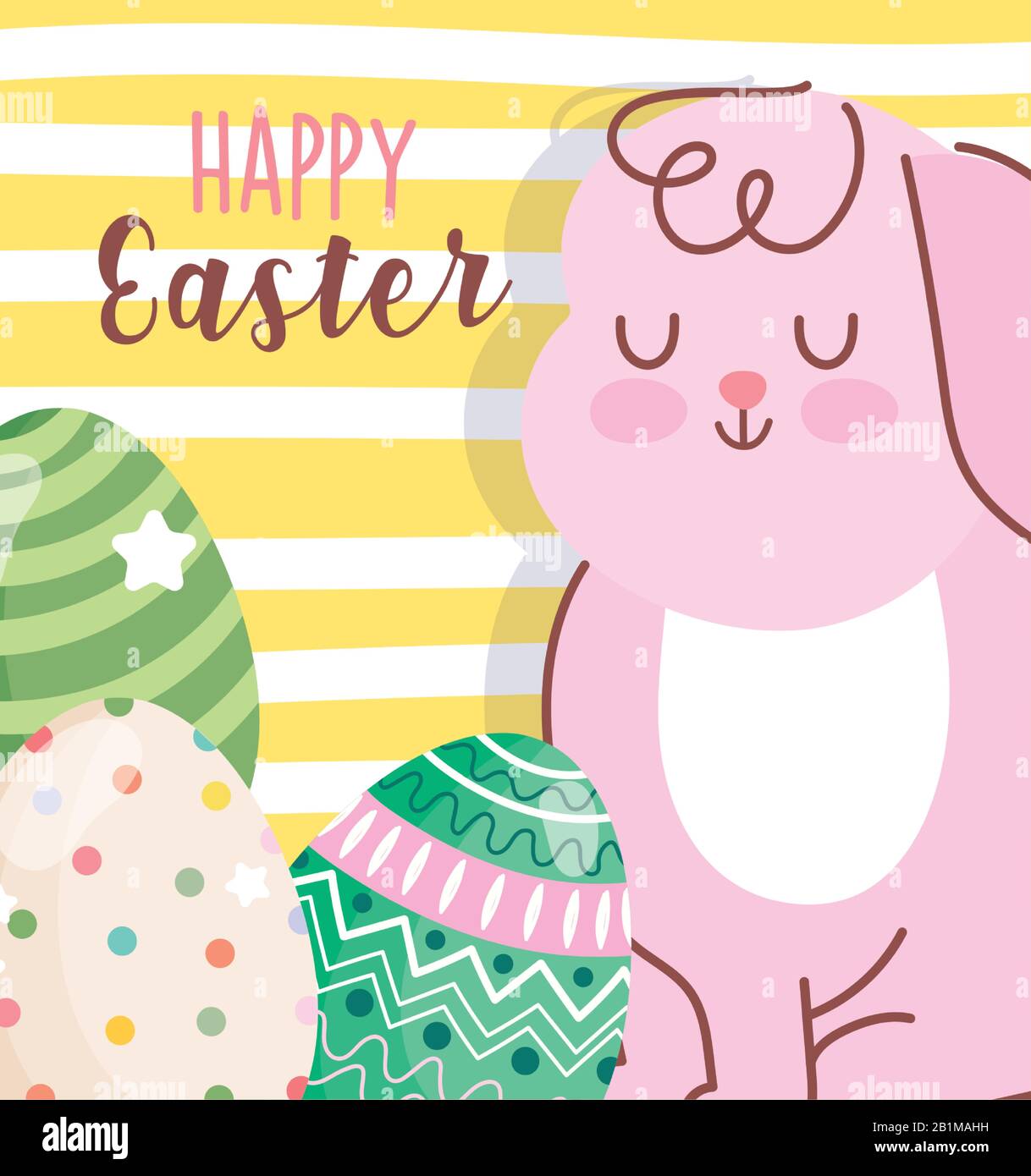 happy easter cute rabbit and decorative eggs yellow stripes background ...