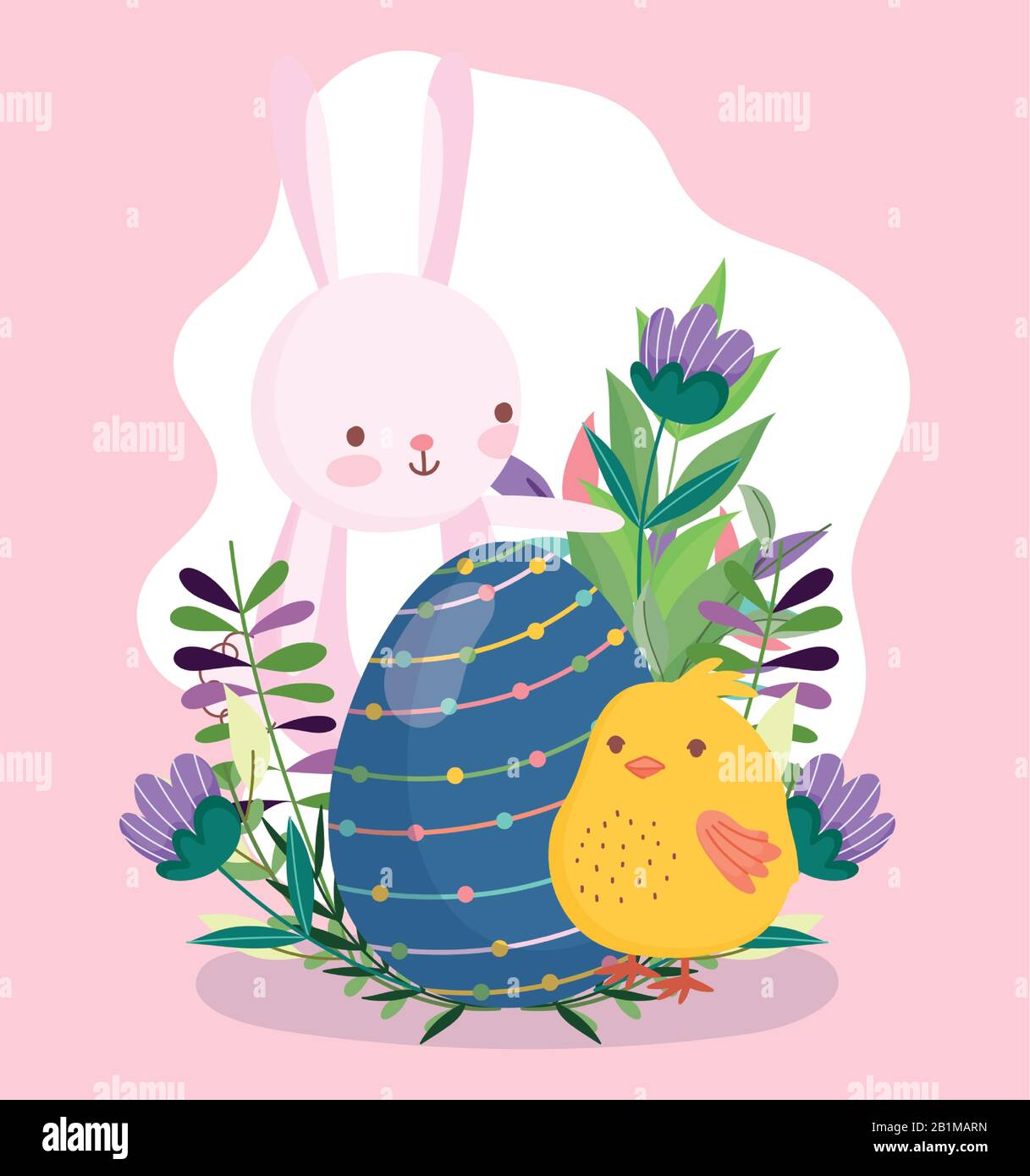 happy easter cute bunny and chicken with blue egg flowers nature vector ...