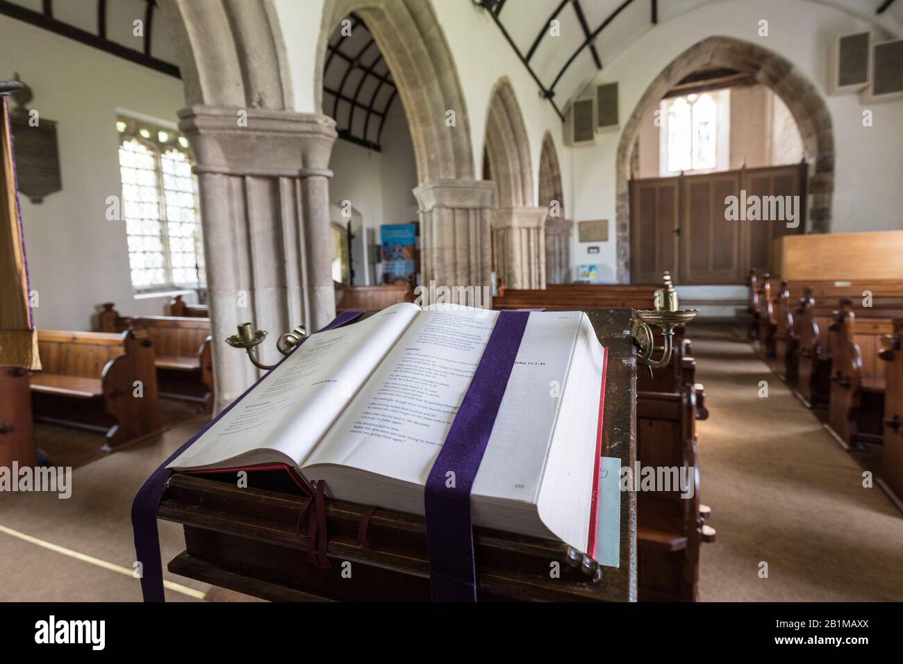 Open Bible on lecturn in undedicated Penallt Old Church, Monmouthshire, Wales, UK Stock Photo
