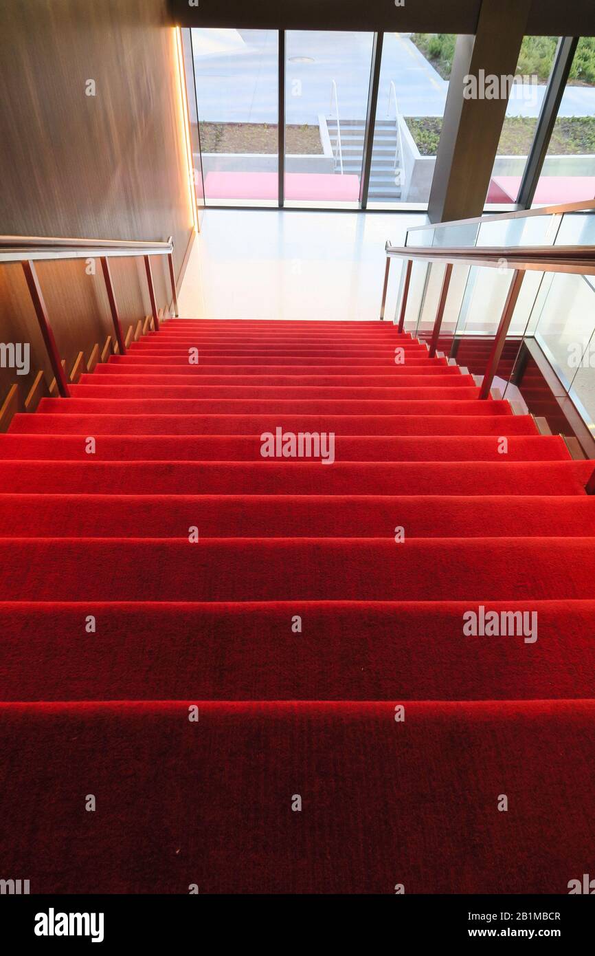 Red Carpeted Staircase Stock Photo