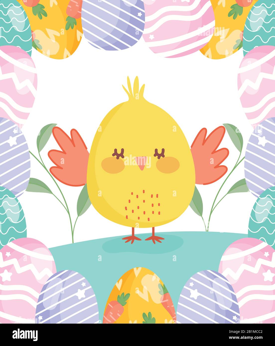 happy easter cute chicken with eggs border decoration flowers vector ...
