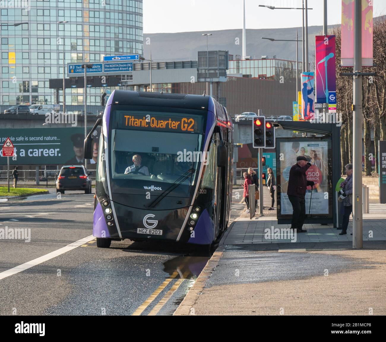 Belfast, Northern Ireland, UK February 23, 2020 A Glider Bus stops