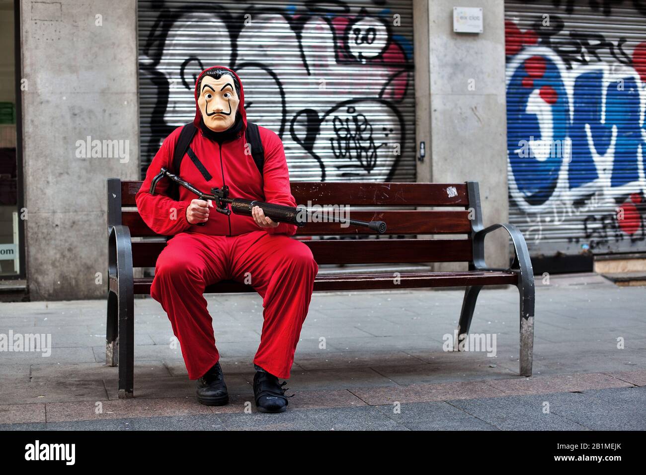 Man dressed as in 'Money heist' costume for carnival, Barcelona, Spain. Stock Photo