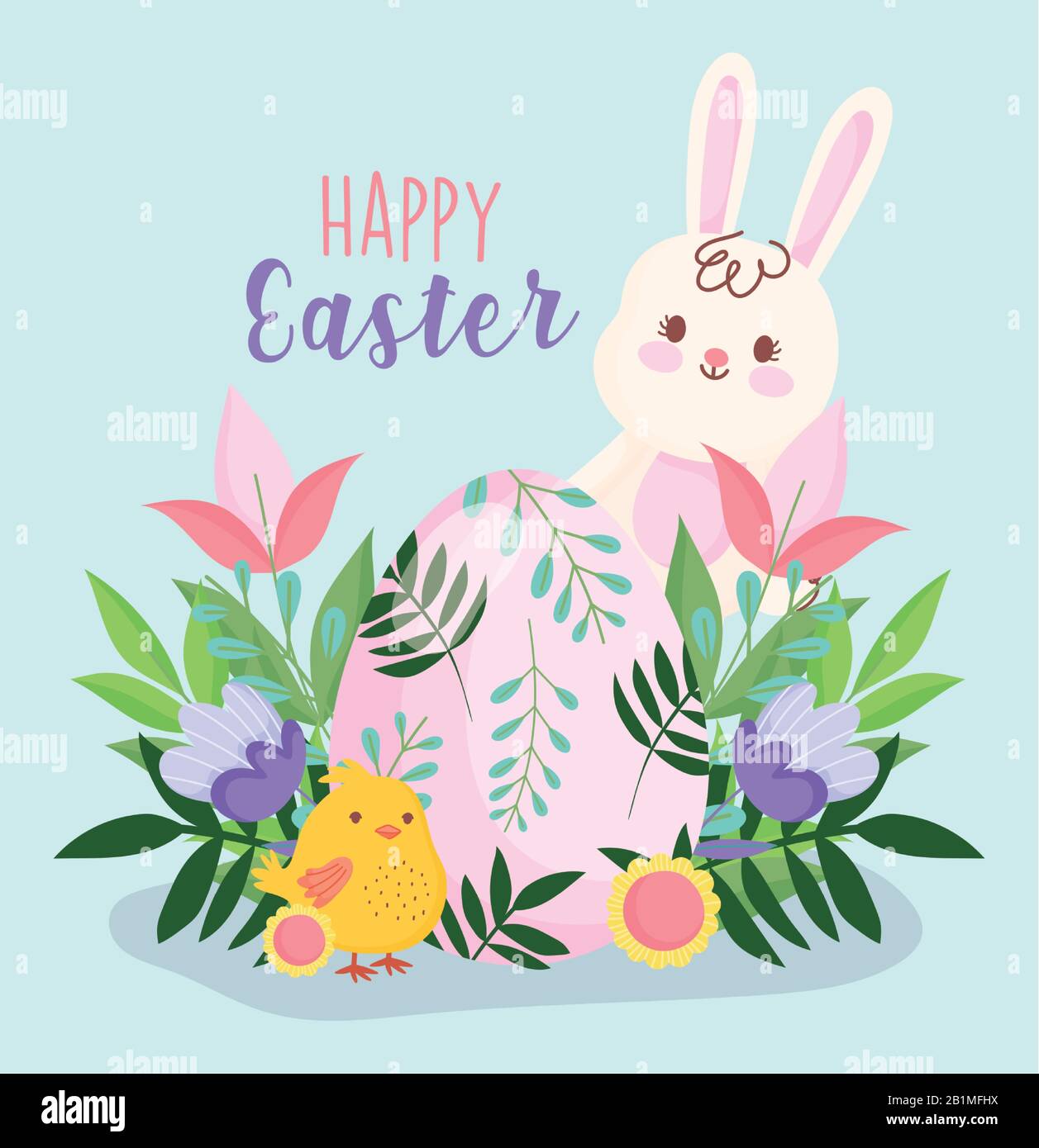 happy easter cute rabbit chicken egg flowers leaves foliage nature ...