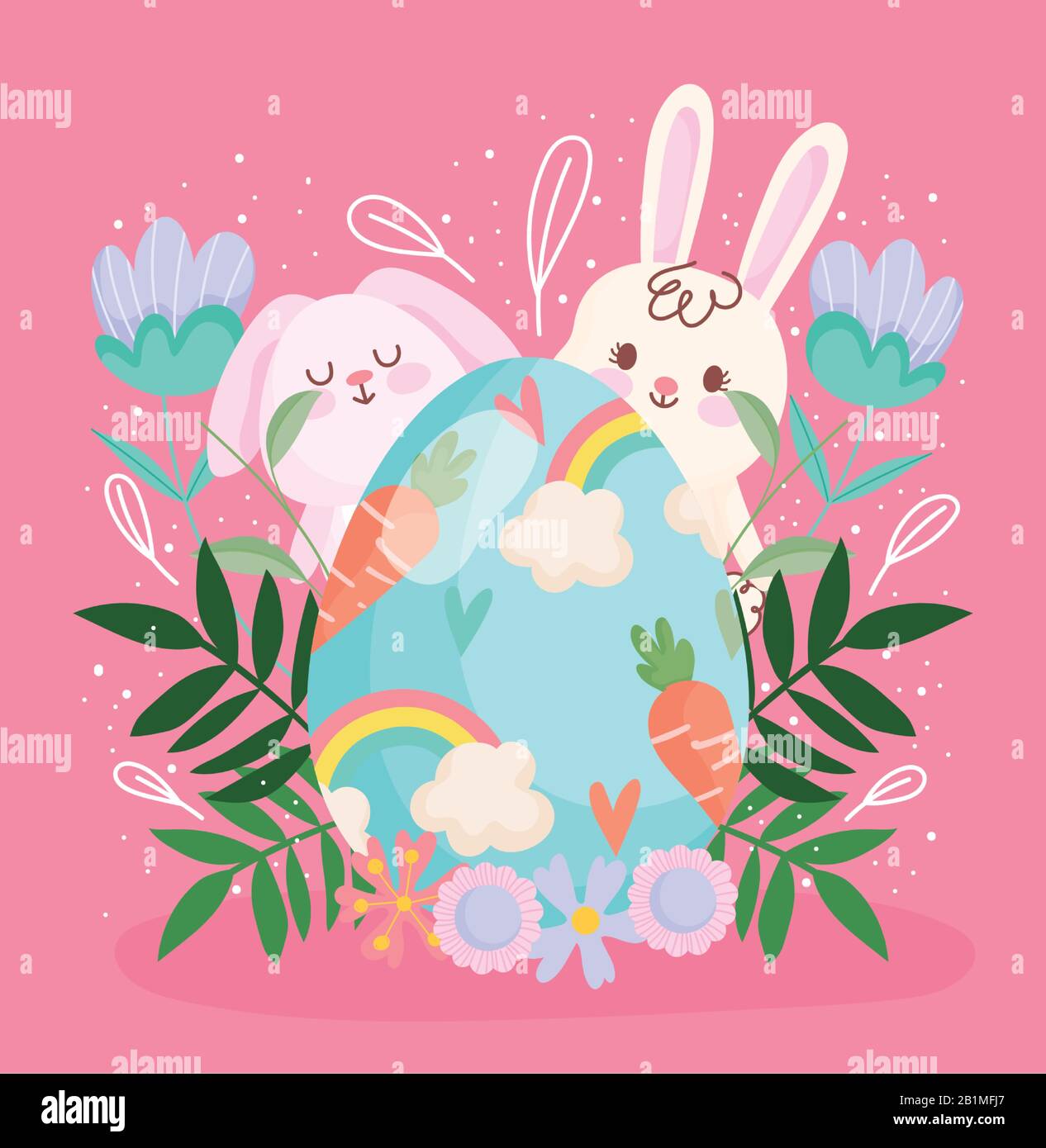 happy easter cute rabbits with painted egg with carrots and rainbow ...