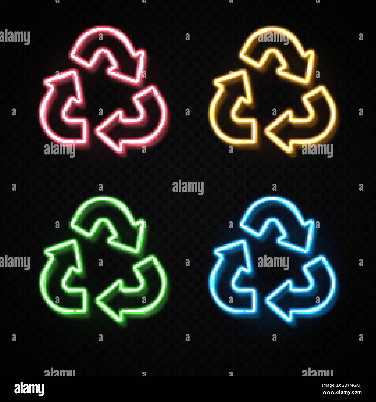 Neon light color recycle symbol sign set on transparent background. Red