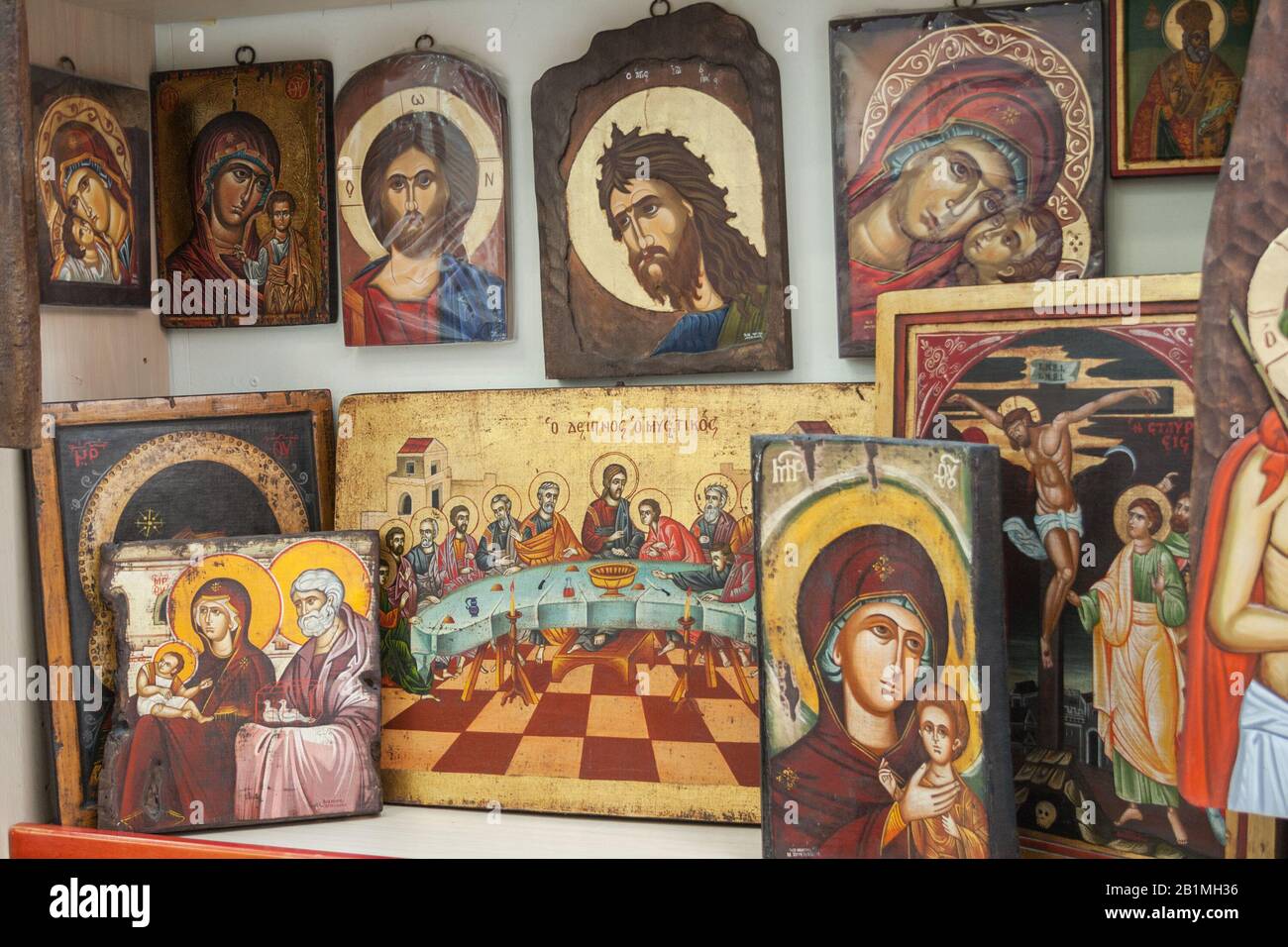 METEORA, GREECE - JUNE 12, 2009: Sale of icons in the icon painting workshop in the monastery shop Stock Photo