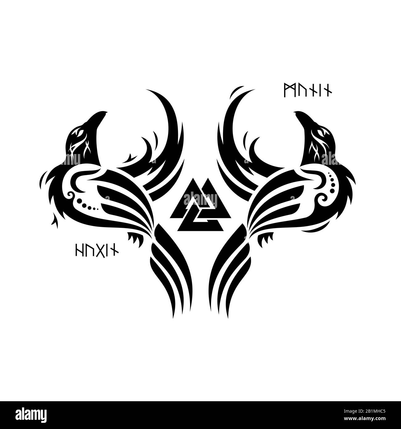 Huginn and Muninn - Odins ravens. Odin Valknut and ravens Stock Vector