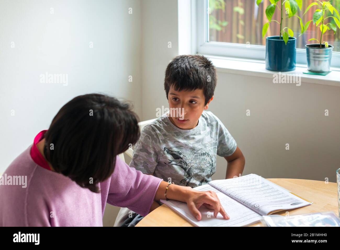 Private tuition at home- female private tutor helps young boy  age 11, with 11 plus exam papers, Surrey,UK Stock Photo