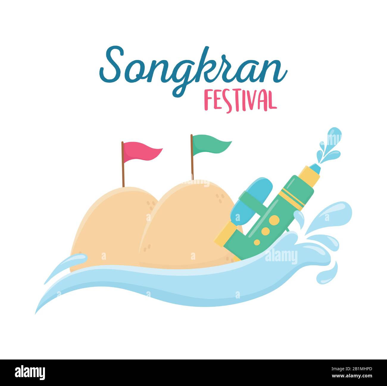 songkran festival plastic water gun sand pagoda with flags celebration design vector illustration Stock Vector