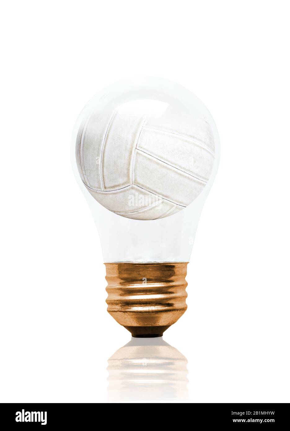 Volleyball inside light bulb against white background with copy space. Stock Photo