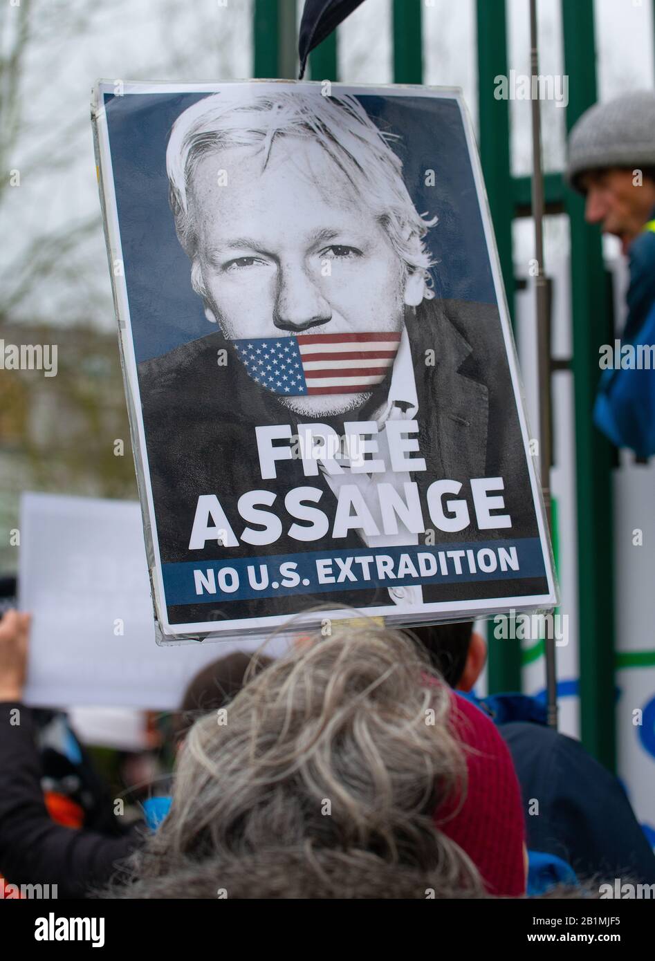 Protesters outside Belmarsh Prison, supporting the Free Julian Assange Campaign on the day of the WikiLeaks founder's extradition hearing to the USA. Stock Photo