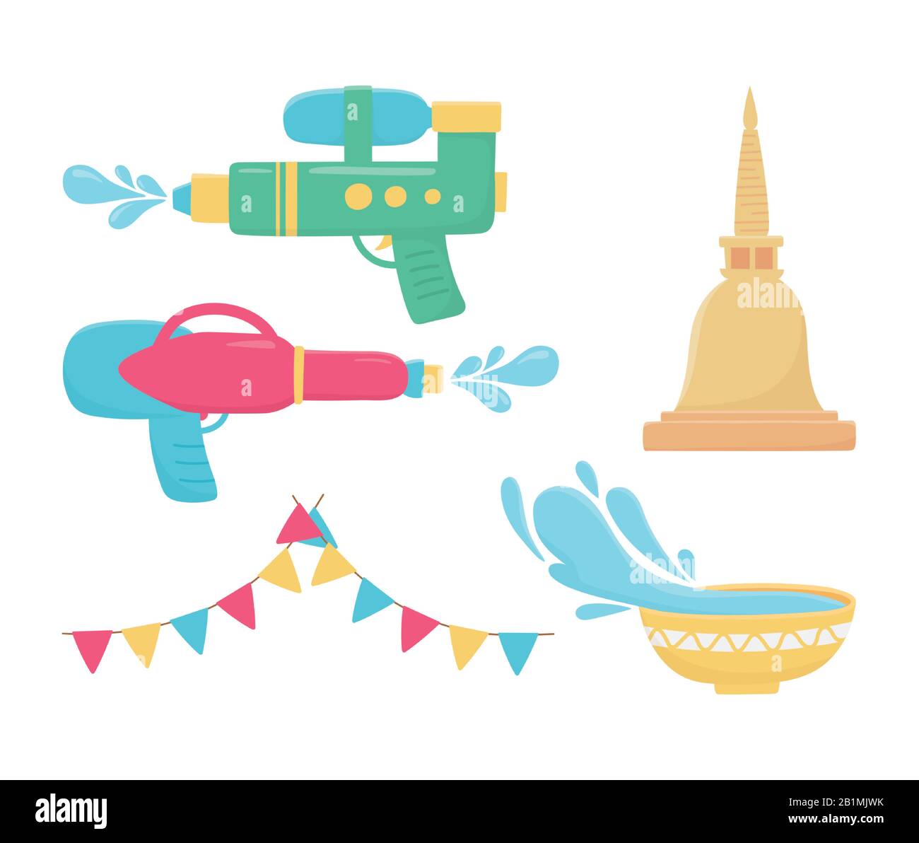 songkran festival plastic water guns bowl bunting pagoda thailand icons celebration design vector illustration Stock Vector