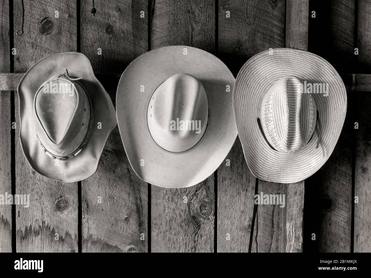 BW02218-00...WYOMING - Three hats at the CM ranch narar Dubois. Ilford FP4+  4x5 Film. Stock Photo