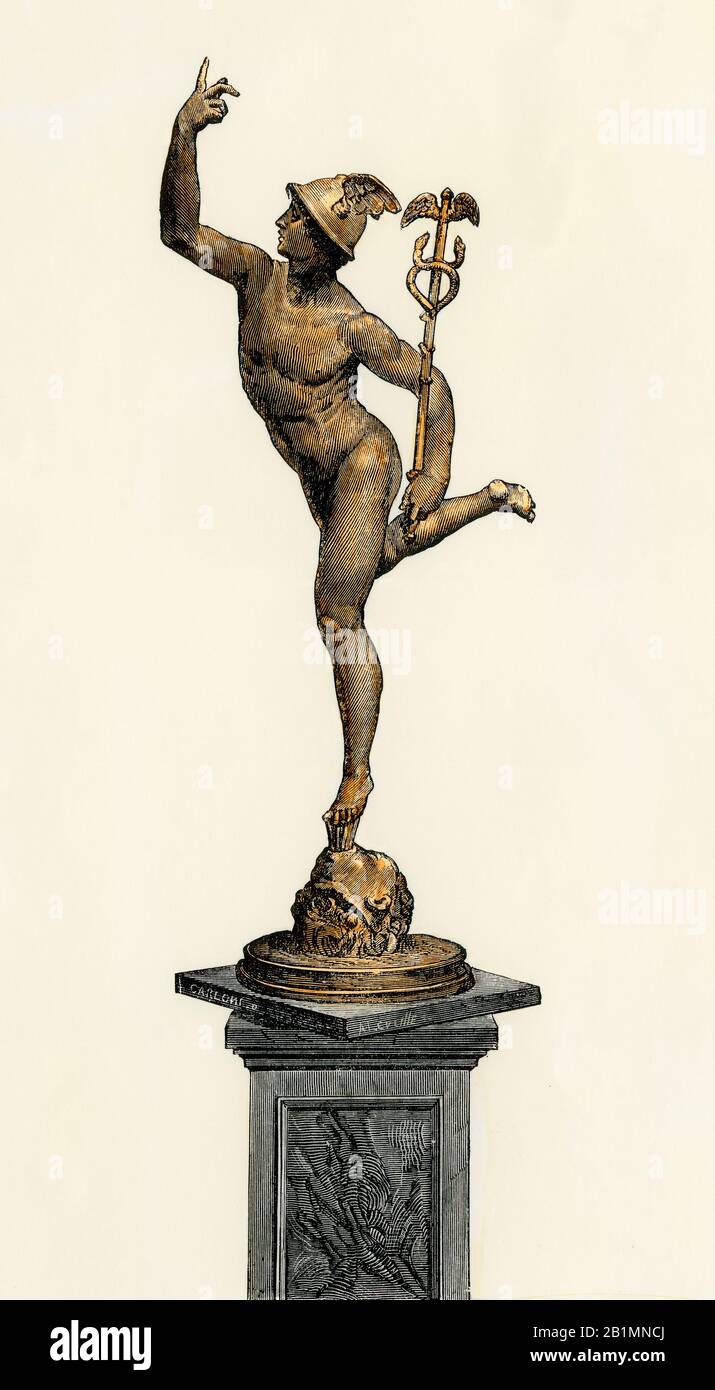 Mercury, messenger god of the classical world. Hand-colored engraving of a  statue by Jean de Bologne Stock Photo - Alamy