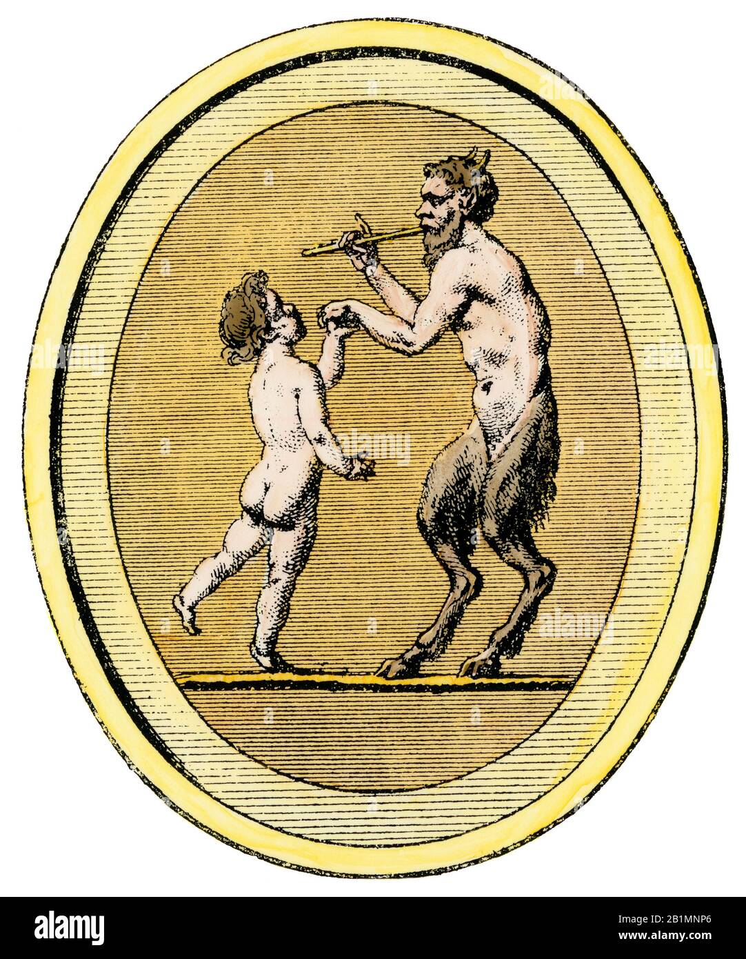 Ancient Roman satyr dancing with a boy. Hand-colored woodcut Stock Photo