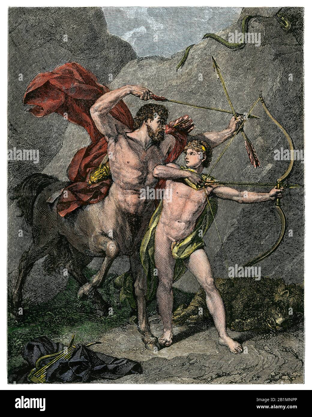 Achilles taught archery by the Centaur. Hand-colored woodcut Stock Photo