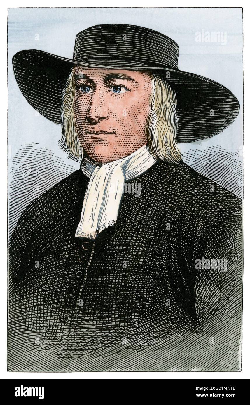 George Fox, founder of the Society of Friends, or Quakers. Hand-colored woodcut Stock Photo
