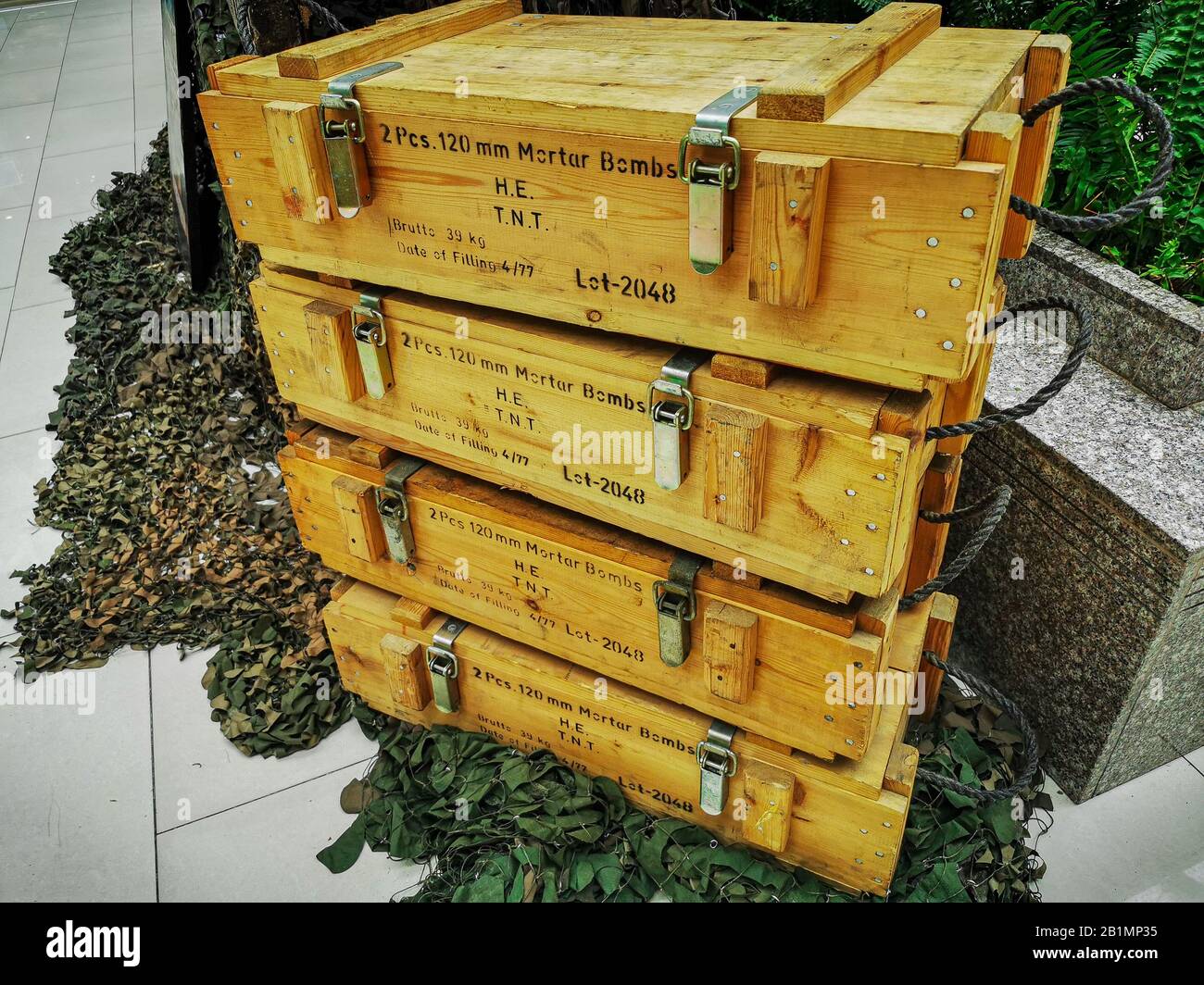 QUITO, ECUADOR - DECEMBER 12, 2019: Cases of mortar Bombs for display, war concept Stock Photo