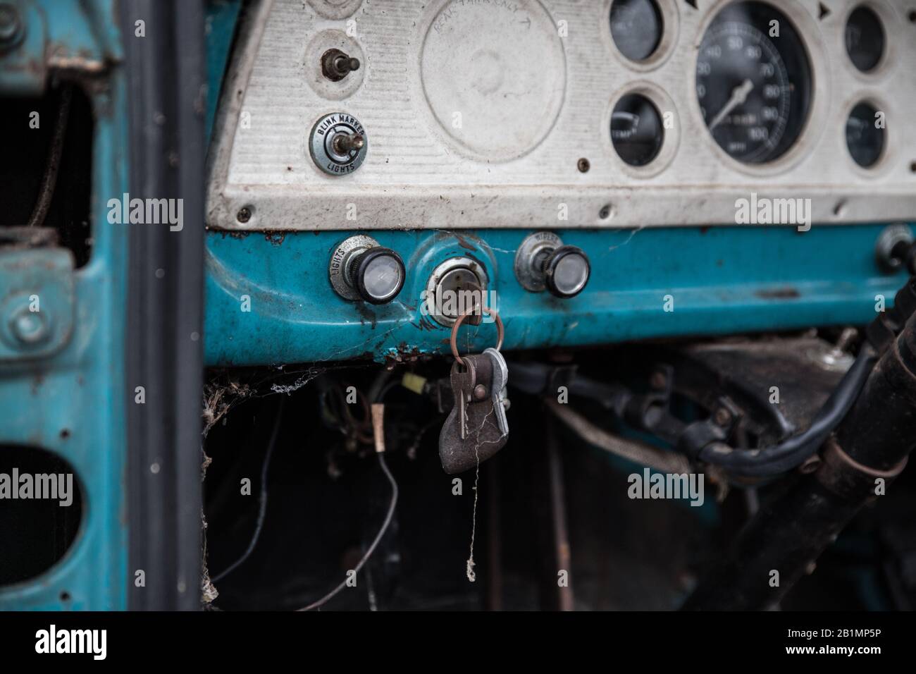 looking inside an old blue ford pickup Stock Photo