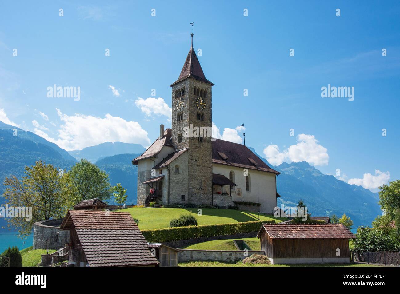Church in Brienz-West at Lake Brienz in the Bernese Alps / Switzerland Stock Photo