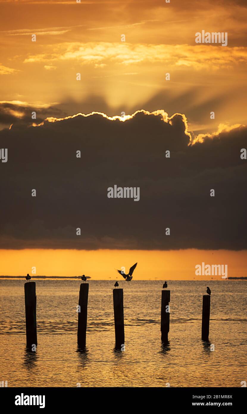 Dramatic sunrise on the Chesapeake Bay near North Beach, MD Stock Photo