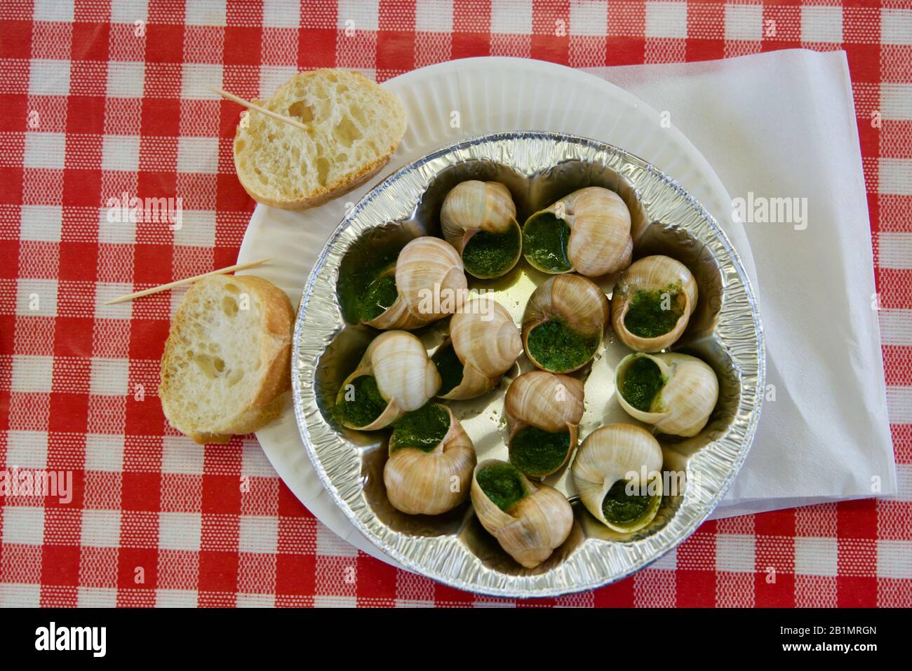 Edible snails on a red-white tablecloth Stock Photo