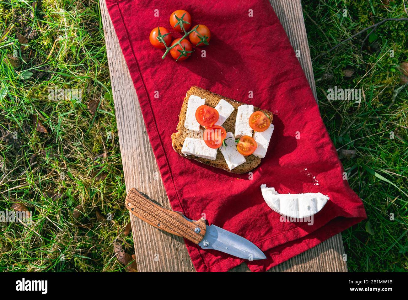 Tomatoes and cheese sandwich on red towel, outdoor, on green grass. Picnic on wood plank in sunlight. Eating on hikes. Healthy snack on the grass. Stock Photo