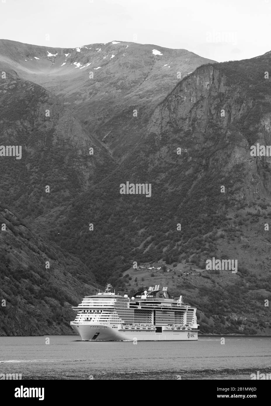 UNDREDAL, NORWAY - Cruise ship MSC Meraviglia on Aurlandsfjorden fjord. Stock Photo