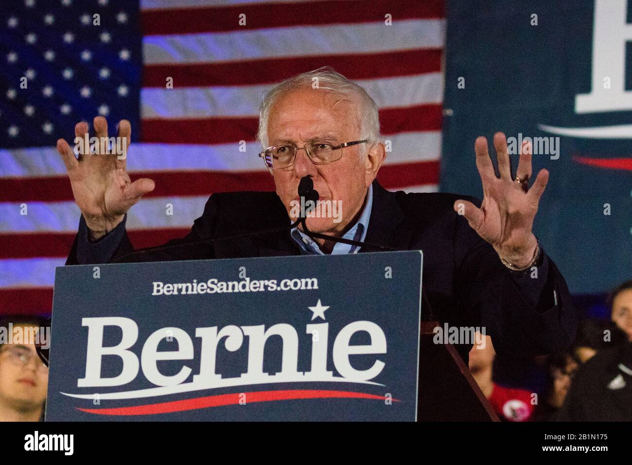 FEB 21, 2020, LAS VEGAS, NEVADA, USA - Democratic Senator Bernie Sanders speaks at Presidential Rally at Springs Preserve Ampitheater evening before Nevada Caucus, Las Vegas, NV Stock Photo