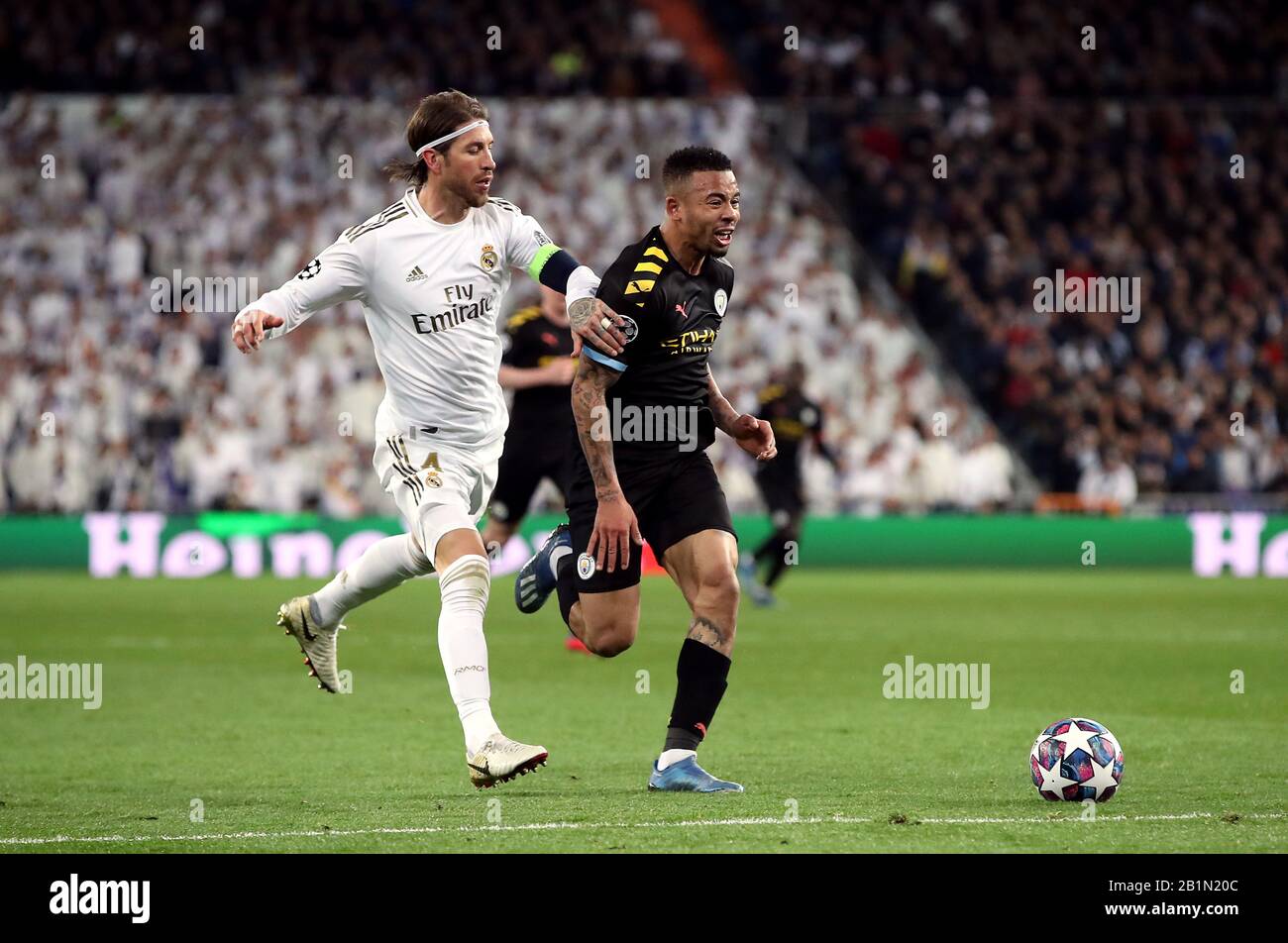 Real Madrid's Sergio Ramos brings down Manchester City's Gabriel Jesus and  is sent off for a professional foul during the UEFA Champions League round  of 16 first leg match at the Santiago