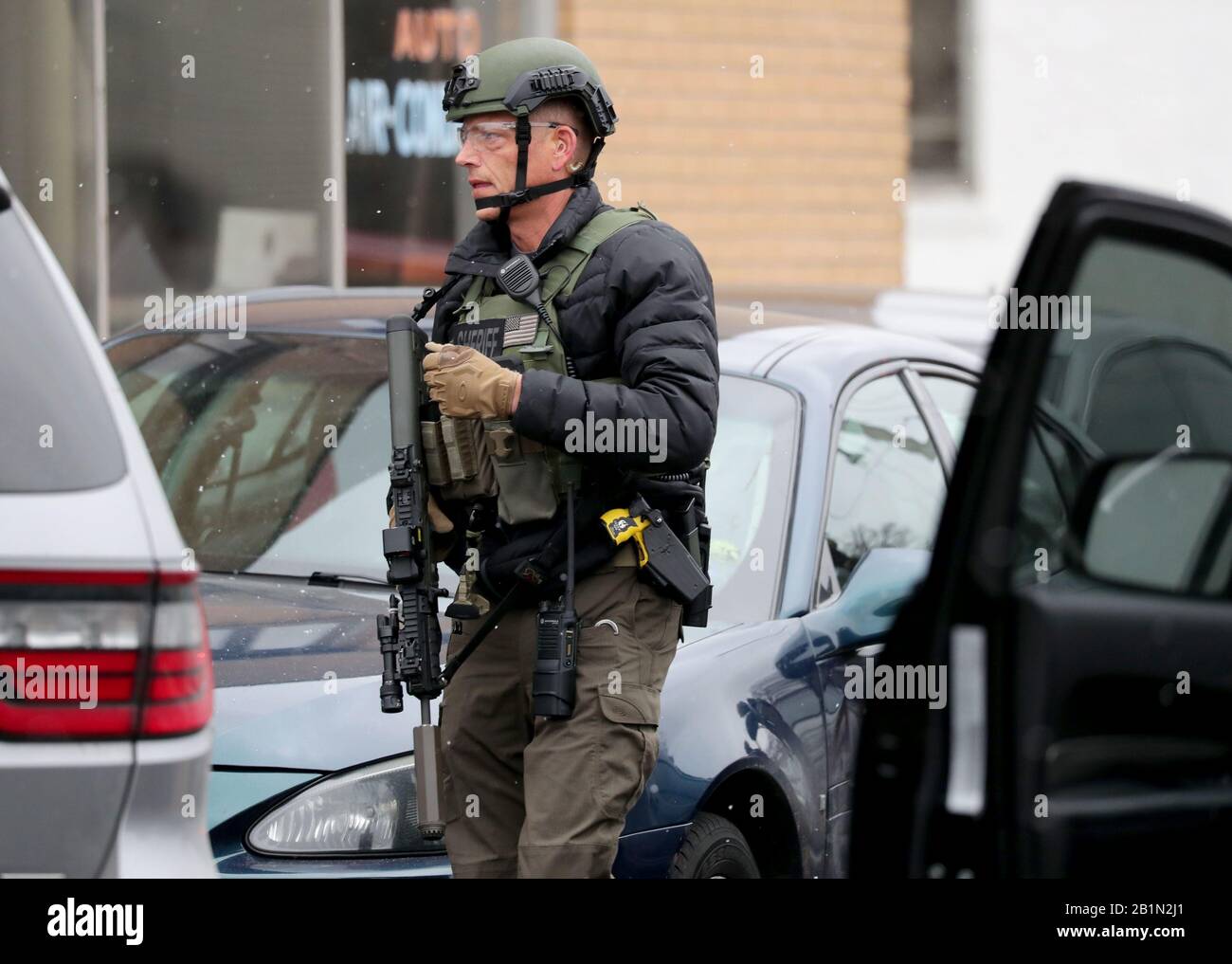 Milwaukee, USA. 26th Feb, 2020. Police and emergency officials work on the scene of an active shooter in Milwaukee, Wisconsin on Feb. 26, 2020 on West State St. and North 35th street near Molson Coors in Milwaukee. Molson Coors said Wednesday there was an active shooter in Milwaukee, Wisconsin on Feb. 26, 2020 on its Milwaukee campus and ordered its employees to find a safe place to hide. The Milwaukee County Medical Examiner's Office said it had not yet been called to the scene. Credit: Sipa USA/Alamy Live News Stock Photo