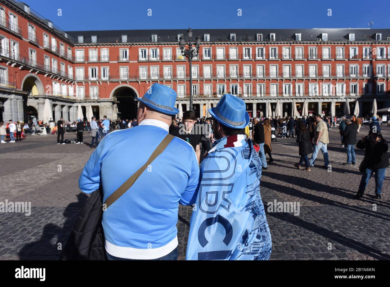 Manchester City fans are seen at Mayor square.Around 3.500 Manchester city  fans gather in central Madrid ahead of the UEFA Champions League match  between Real Madrid (Spain) and Manchester City (UK) at