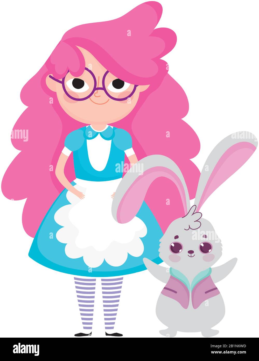 girl and rabbit cartoon characters wonderland vector illustration Stock ...