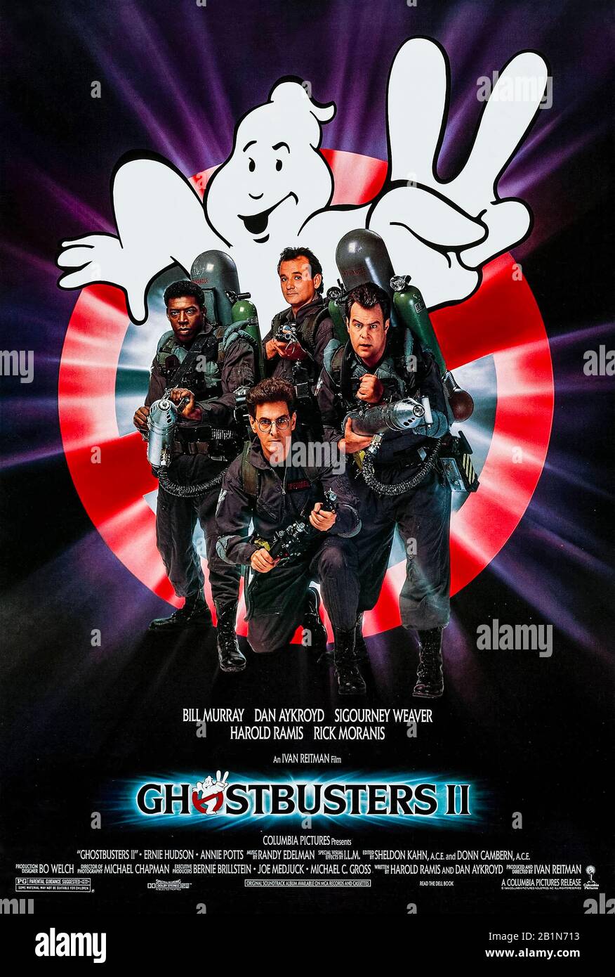 Ghostbusters II (1989) directed by Ivan Reitman and starring Bill Murray, Dan Aykroyd, Sigourney Weaver, Harold Ramis and Ernie Hudson. 5 years later and the Ghostbusters have fallen on hardtimes until a supernatural river of slime is found and business starts to boom. Stock Photo