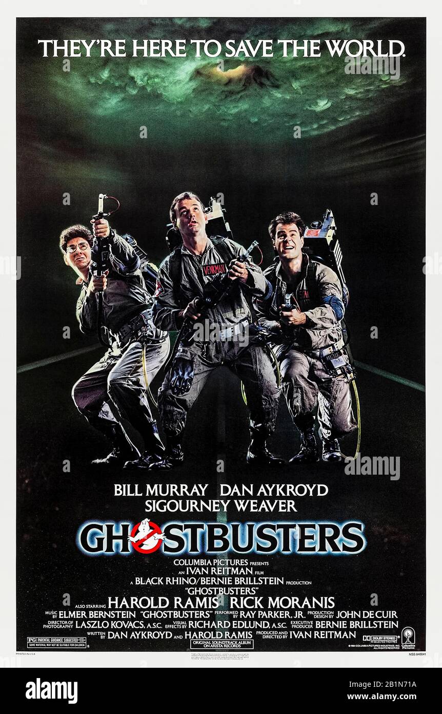 Ghostbusters (1984) directed by Ivan Reitman and starring Bill Murray, Dan Aykroyd, Sigourney Weaver, Harold Ramis and Rick Moranis. Three sacked professors of parapsychology decide to use their knowledge of the paranormal to set up a commercial ghost elimination service for the haunted. Stock Photo