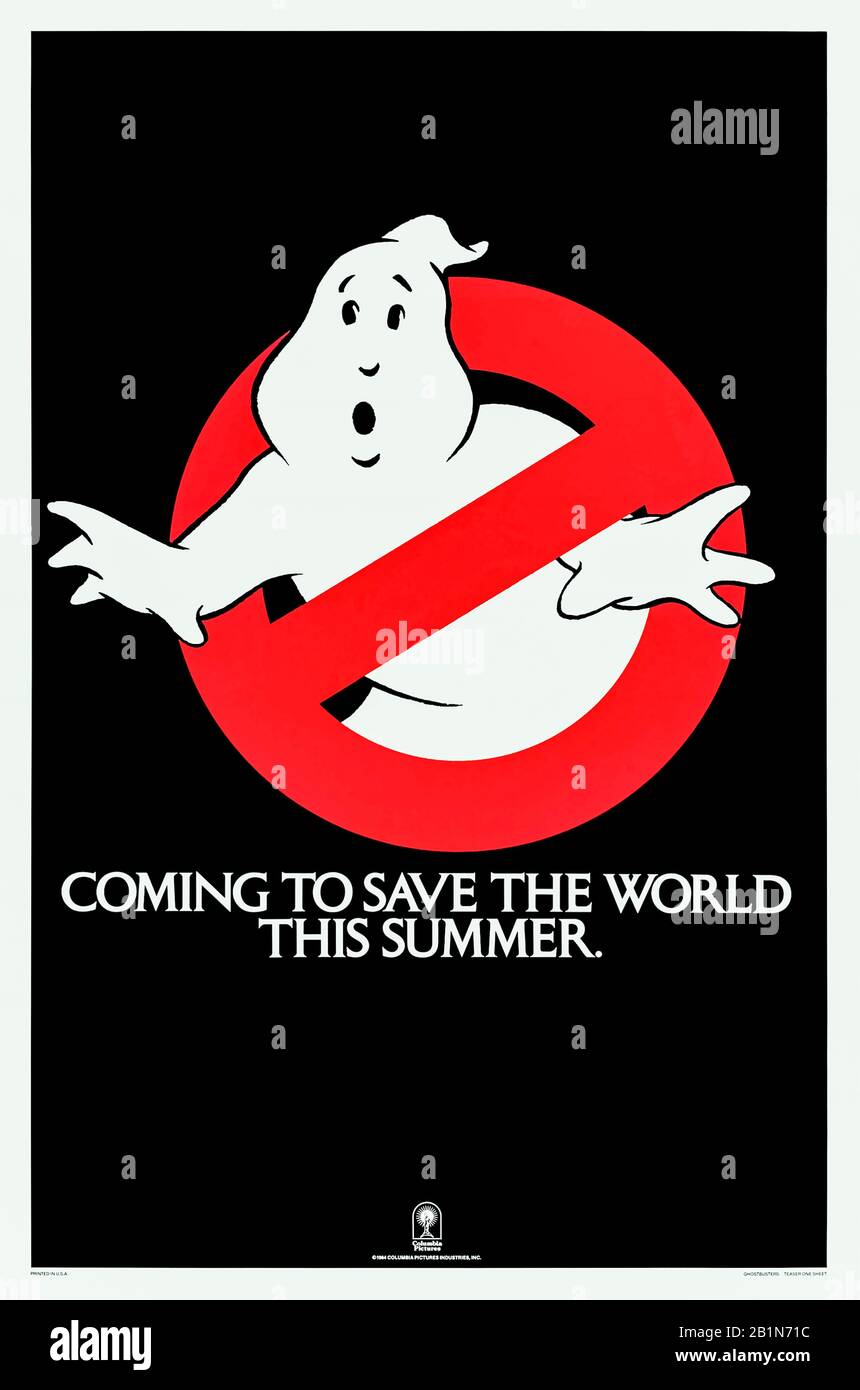 Ghostbusters (1984) directed by Ivan Reitman and starring Bill Murray, Dan Aykroyd, Sigourney Weaver, Harold Ramis and Rick Moranis. Three sacked professors of parapsychology decide to use their knowledge of the paranormal to set up a commercial ghost elimination service for the haunted. Stock Photo