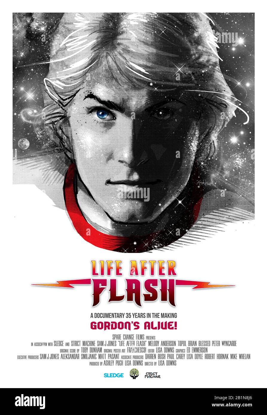 Life After Flash (2017) directed by Lisa Downs and starring Sam J. Jones, Melody Anderson, Brian Blessed and Peter Duncan. Documentary following the ups and downs of Sam J. Jones since he starred as the title character in Mike Hodges' 1980 film Flash Gordon. Stock Photo