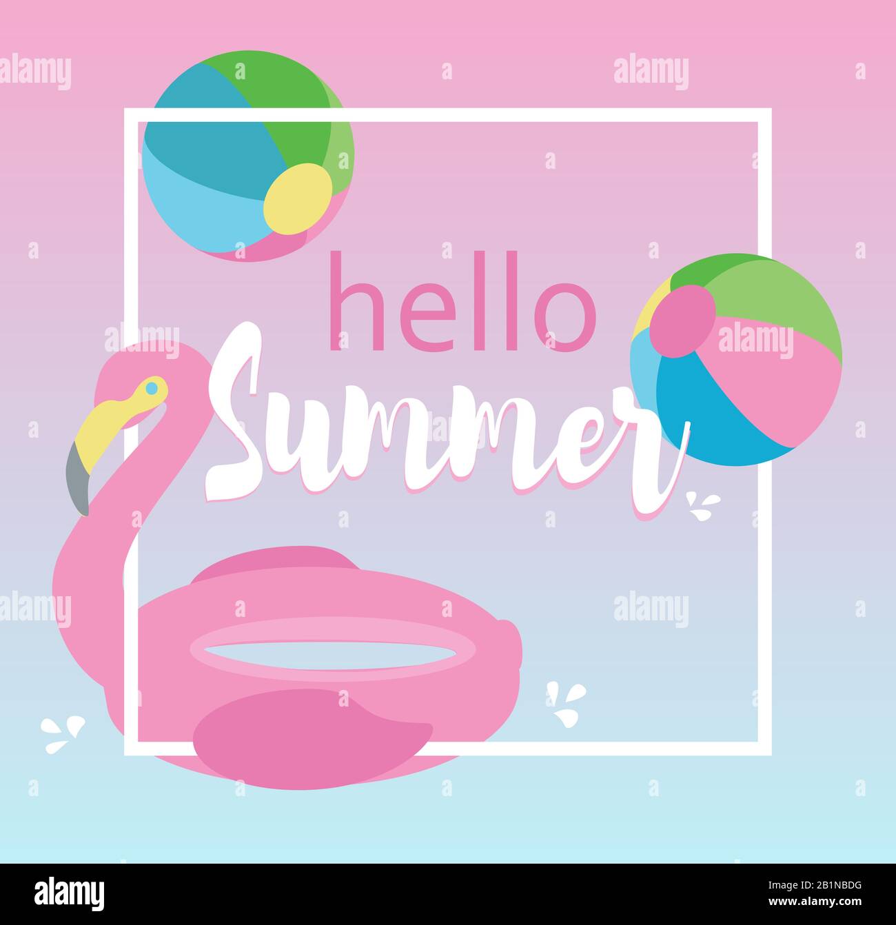 Hello Summer vector background with ball and flamingo. Stock Vector