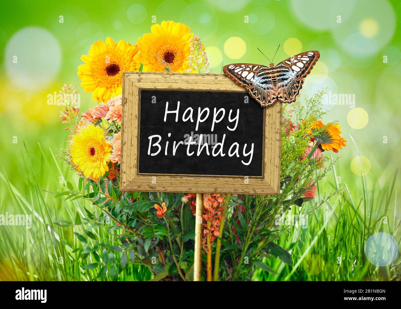 Small Blackboard With A Butterfly Against A Flower Meadow Lettering Happy Birthday Stock Photo Alamy
