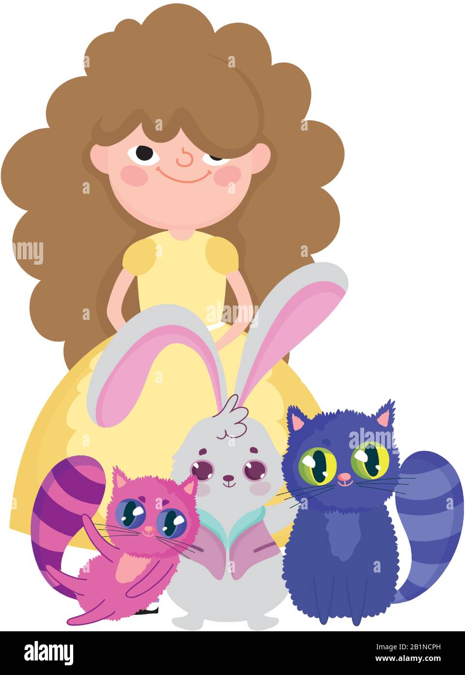 girl with cats and rabbit wonderland cartoon characters vector illustration Stock Vector