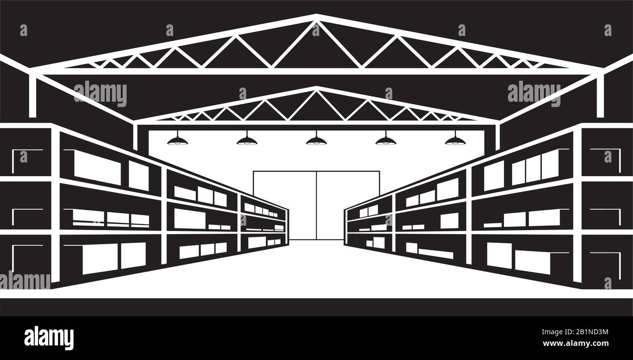 Industrial warehouse with shelves for goods – vector illustration Stock Vector