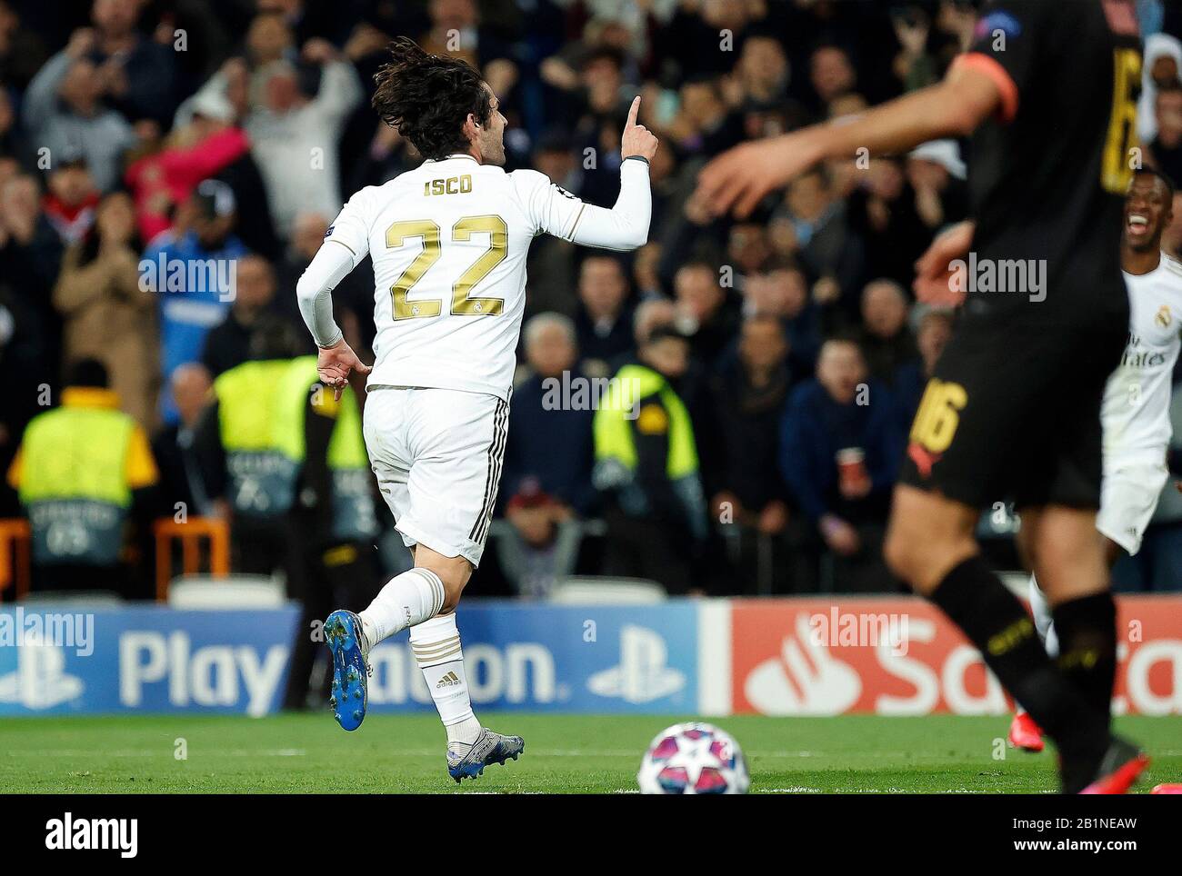 Real Madrid CF's Isco Alarcon celebrates after scoring a goal during the UEFA Champions League match, round of 16 first leg between Real Madrid and Manchester City at Santiago Bernabeu Stadium.(Final score: Real Madrid 1-2 Manchester City) Stock Photo